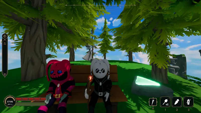 Two sorcerers take a breather on a bench between runs.