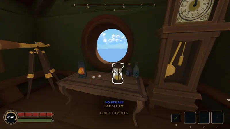 An Hourglass quest item waiting on a table in a cozy seaside cabin.
