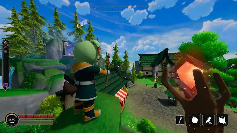 A sorcerer scouts a hillside village, glowing Arcana crystal in hand.