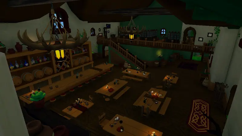 Inside a candlelit tavern lined with potion barrels and antler chandeliers.